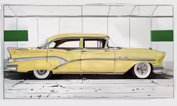 an old yellow and silver car parked in a garage