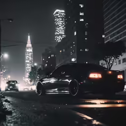 a car is driving down the road at night