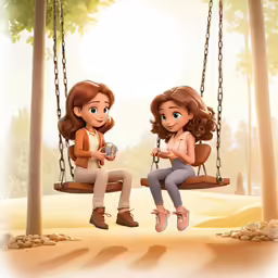the children are sitting on swings in the park