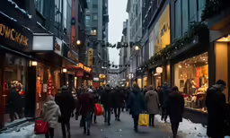 many people are walking on a snowy sidewalk in a city