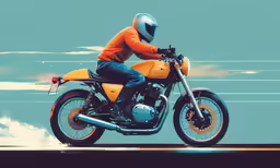 a man in an orange shirt rides his motorcycle