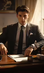the man in the suit sits at his desk and writes