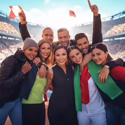 several people standing in front of a stadium smiling