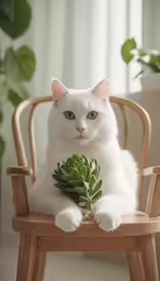 a white cat sitting in a chair with a small potted plant