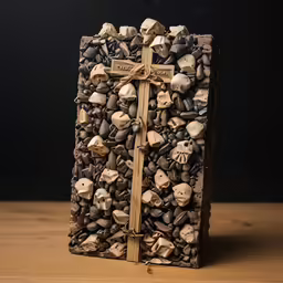 a wooden cross sitting on top of a large pile of rocks