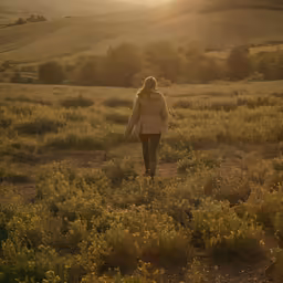 a woman in a field walking into the sun with her back turned towards the camera