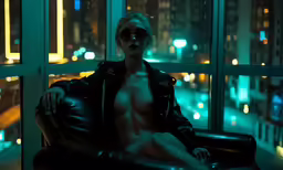shirtless man in leather sitting on a couch with city lights through the window