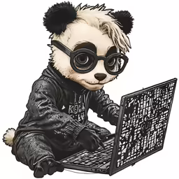 a black and white panda sitting on top of a laptop computer