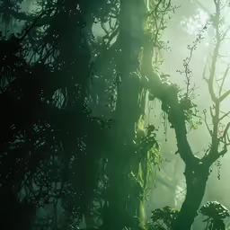 the dense and foggy rainforest in the evening
