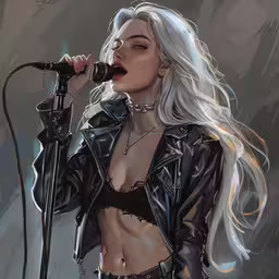 a beautiful woman in black leather with a microphone,a drawing of a woman with white hair singing into a microphone