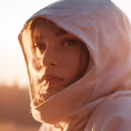 the woman is wearing a white cloak outside