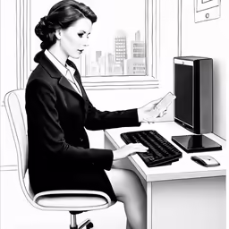 an illustration of a woman in business attire sitting at a desk with computer and cellphone