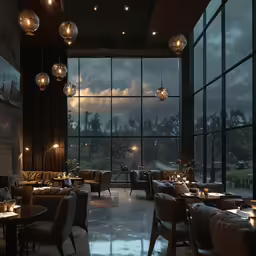 an empty restaurant with a view of the sky
