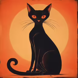 a picture of a black cat with orange eyes sitting