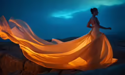 a woman in an orange dress standing on rocks