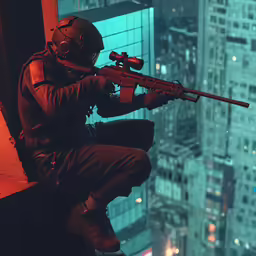a soldier holding a machine gun over cityscape