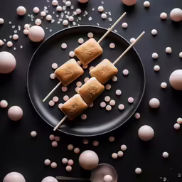 a black plate topped with marshmallows and pops