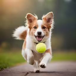 a brown and white dog running with a yellow ball