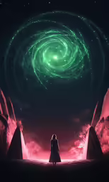 a woman standing on top of a desert under a dark sky