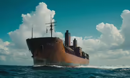 large rusted boat floating in the middle of the ocean
