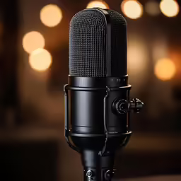 a microphone that is close to a stage with lights in the background