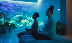a couple of people sitting on top of a bed in a room