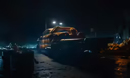 this is an image of an old dump truck at night