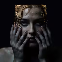a woman with blue eyes and nails holding her hands up to her face