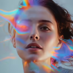 a girl has rainbow hair and a blue shirt