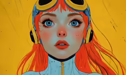 a painting of a young girl with orange hair and goggles on