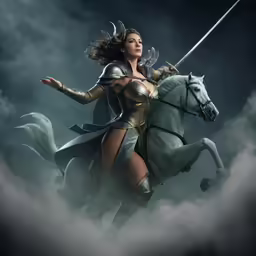 a woman in a cosplay riding a horse