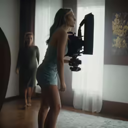 a woman that is standing up next to a tripod