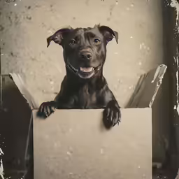 a dog sits and stares at the camera behind an empty sign