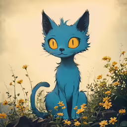 a blue cat sitting on top of yellow flowers