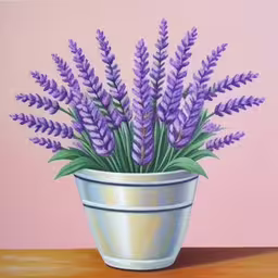 a painting of purple flowers in a blue pot