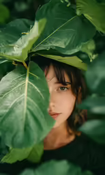 a woman standing among green leaves in the shade