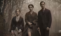 a man in a long coat stands beside two women, who are dressed formally