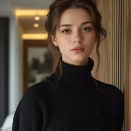 the woman is wearing a black sweater next to a wooden wall