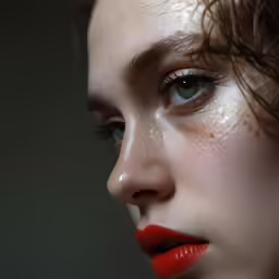the woman with white and red make up is staring to her right