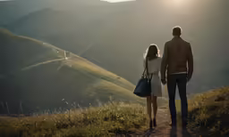a young couple walking down a path in the mountains