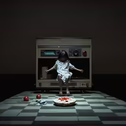 a little girl is sitting in front of an oven with a pizza on the floor