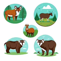 a set of four stickers featuring different animals,four round illustrations of animals on a grassy area,the animals are in a cartoon style,various animals that are standing on the grass,there are four pictures of animals that can be found in this set