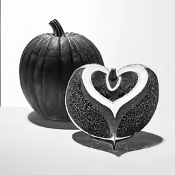 a heart shaped black and white pumpkin