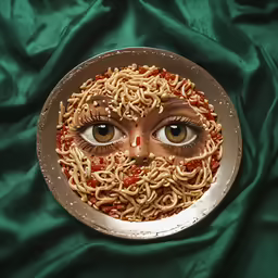 a plate with noodles on it and eyes painted on it