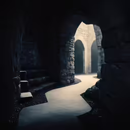 a large stone building with a light at the end