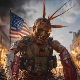 a masked person stands in front of an american flag