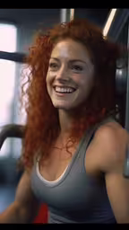 a smiling woman on the subway with red hair,a woman is smiling while riding a bus