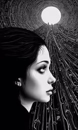 the woman with the hair in black and white has wires on her head
