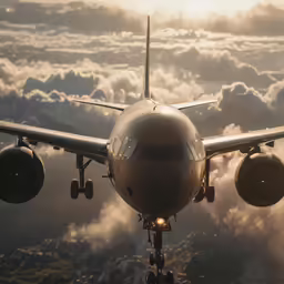 an airplane flying through the air with clouds surrounding it