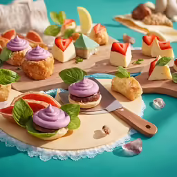 a wooden tray holding small cakes and pastries